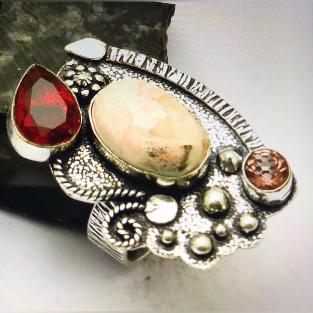 Scolecite Garnet Stamped 925 Sterling Silver Ring 98$